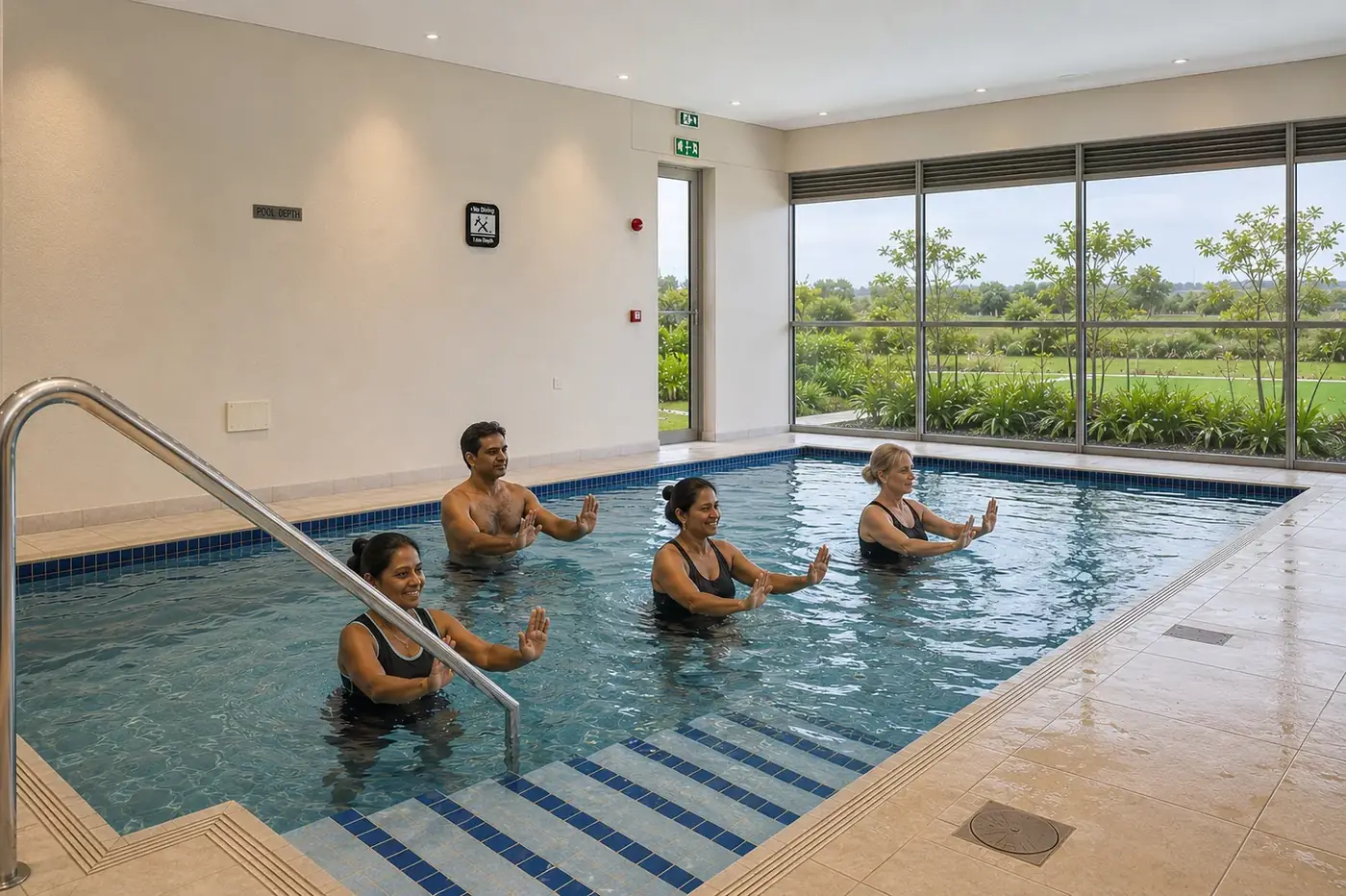 Water aerobics in the heated indoor pool at the Capri Village clubhouse